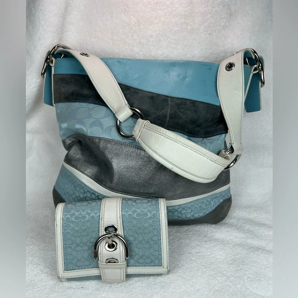 Coach set, blue leather, suede and Jacquard patchwork bag and wallet